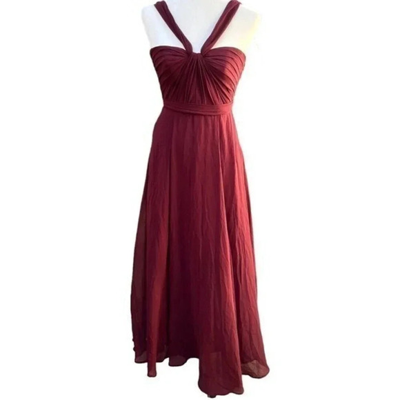 Amsale Sz 0 Cerisa Ruby Bridesmaid Gown‎ Full Chiffon Skirt Ruched Bodice GB033F - Picture 11 of 11